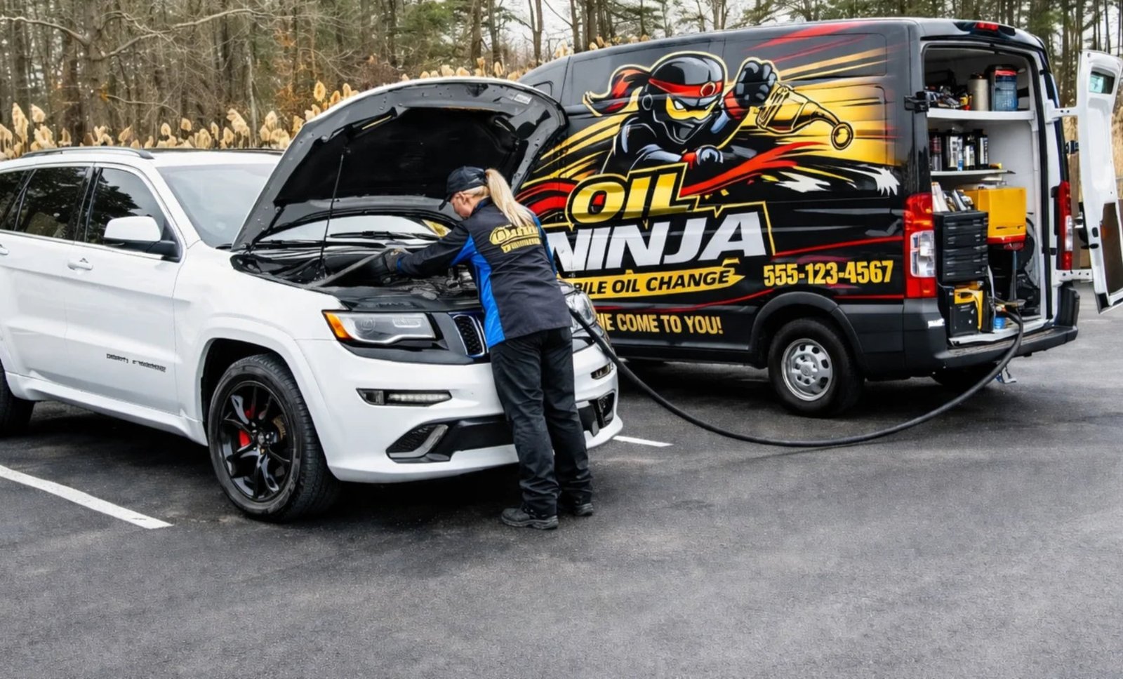 Oil Ninja technician performing a mobile oil change at a customer's location